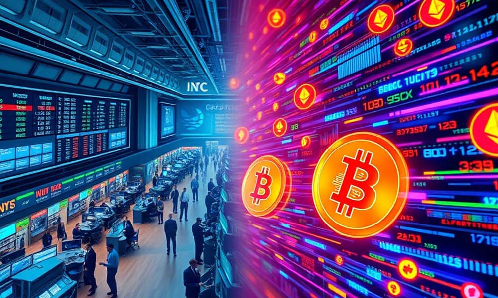 Une salle des marchés en bourse qui passe au bitcoin et à l'ethereum